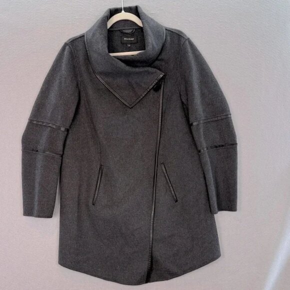 Mackage Women’s Montreal Wool blend Draped Wrap Jacket grey Coat leather trim L - Picture 1 of 9